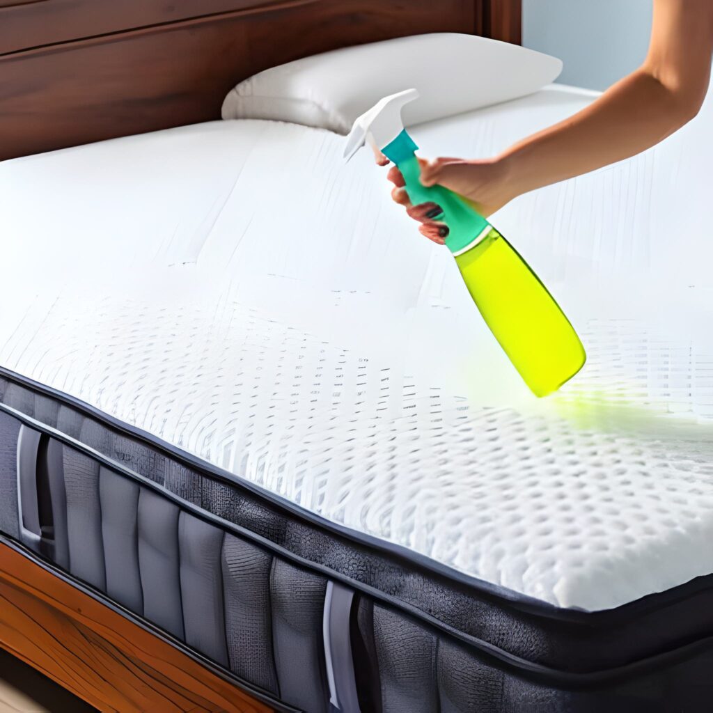 spray bottle with cleaning agent on top of a mattress topper