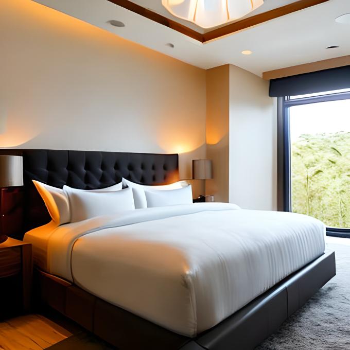 bed next to window of bamboos