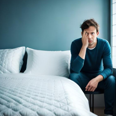 bedding for acne with man next to a bed